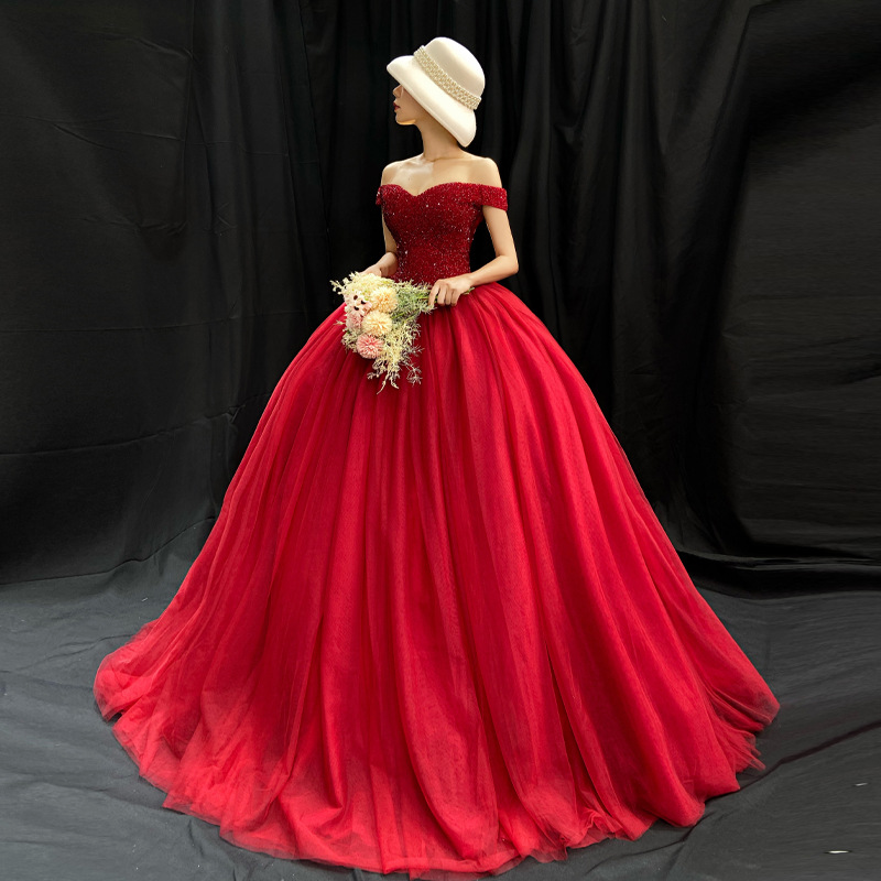 Red one-shoulder bridal wedding dress, toast dress, waist-cinching plus size pregnant woman, tutu skirt, solo performance evening dress