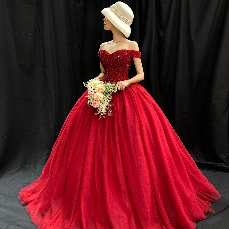 Red one-shoulder bridal wedding dress, toast dress, waist-cinching plus size pregnant woman, tutu skirt, solo performance evening dress