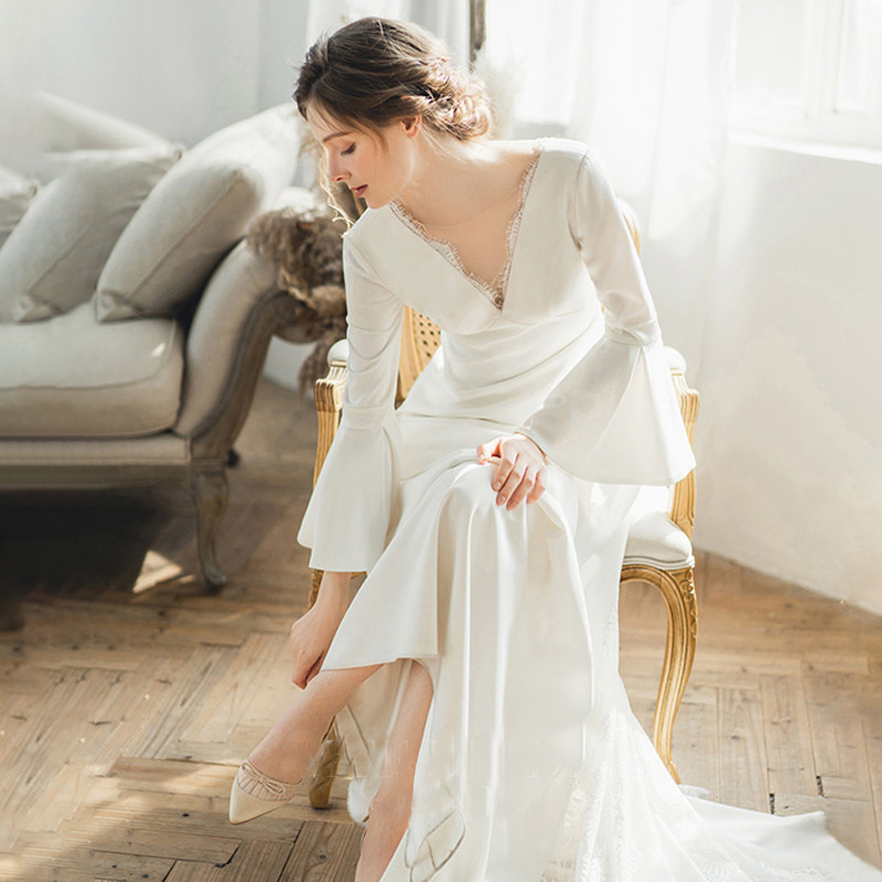 Bell Sleeve Light Wedding Dress New Long Simple Bride French Satin Wedding Dress Travel Photography Dress Evening Dress
