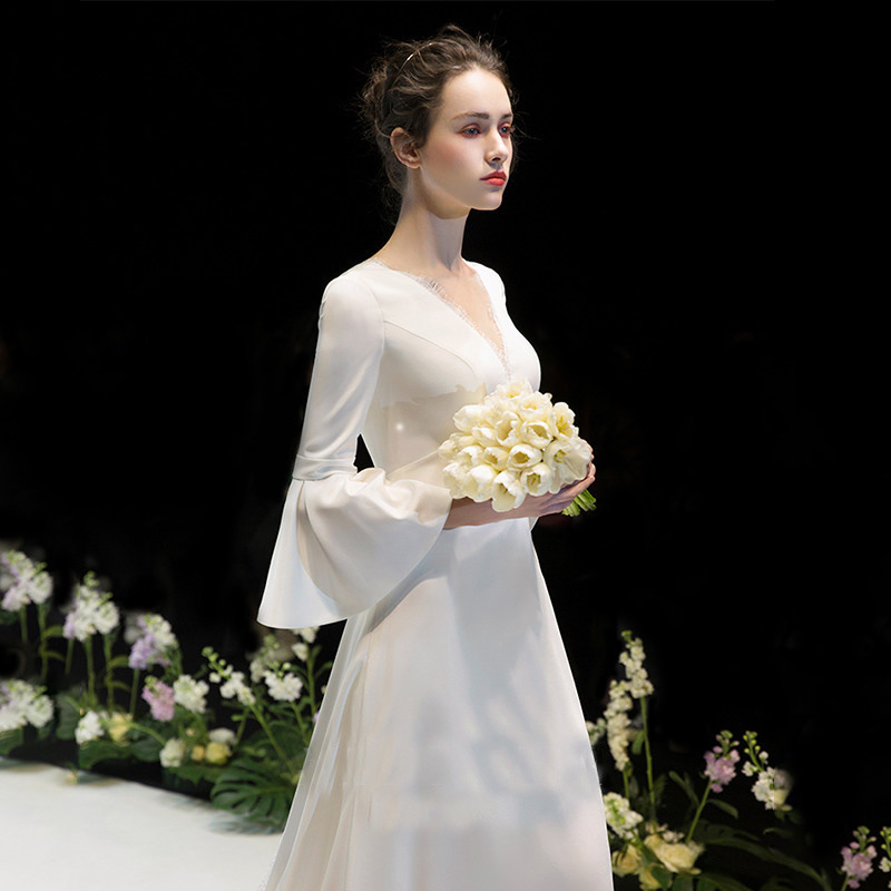 Bell Sleeve Light Wedding Dress New Long Simple Bride French Satin Wedding Dress Travel Photography Dress Evening Dress
