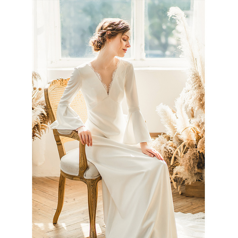 Bell Sleeve Light Wedding Dress New Long Simple Bride French Satin Wedding Dress Travel Photography Dress Evening Dress