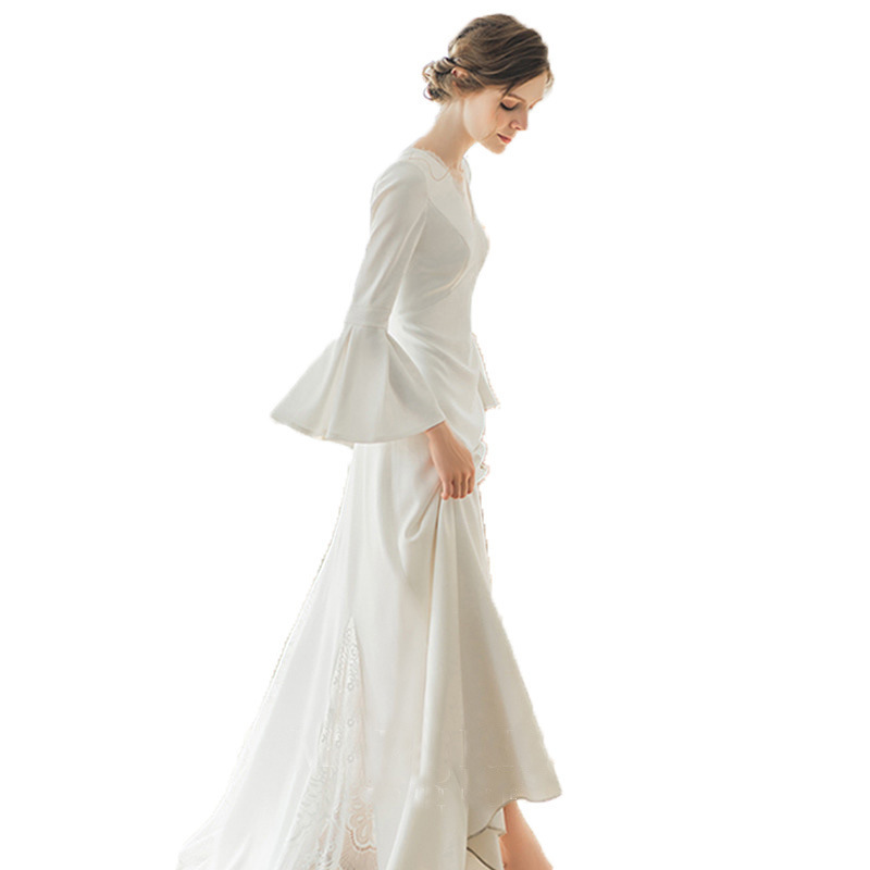 Bell Sleeve Light Wedding Dress New Long Simple Bride French Satin Wedding Dress Travel Photography Dress Evening Dress