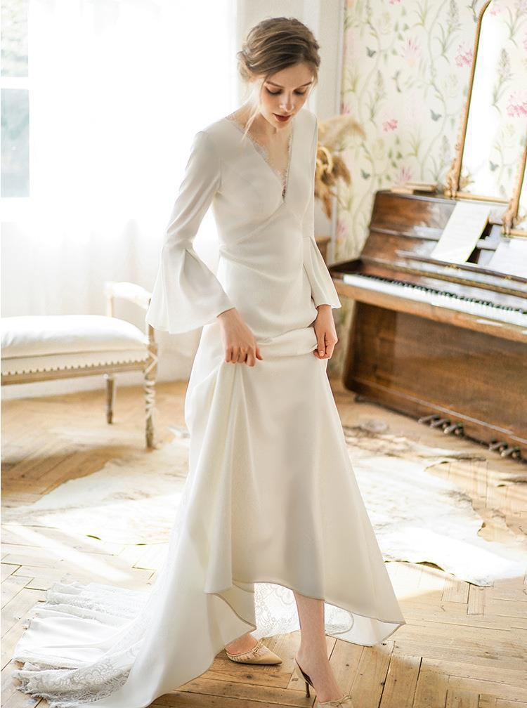 Bell Sleeve Light Wedding Dress New Long Simple Bride French Satin Wedding Dress Travel Photography Dress Evening Dress