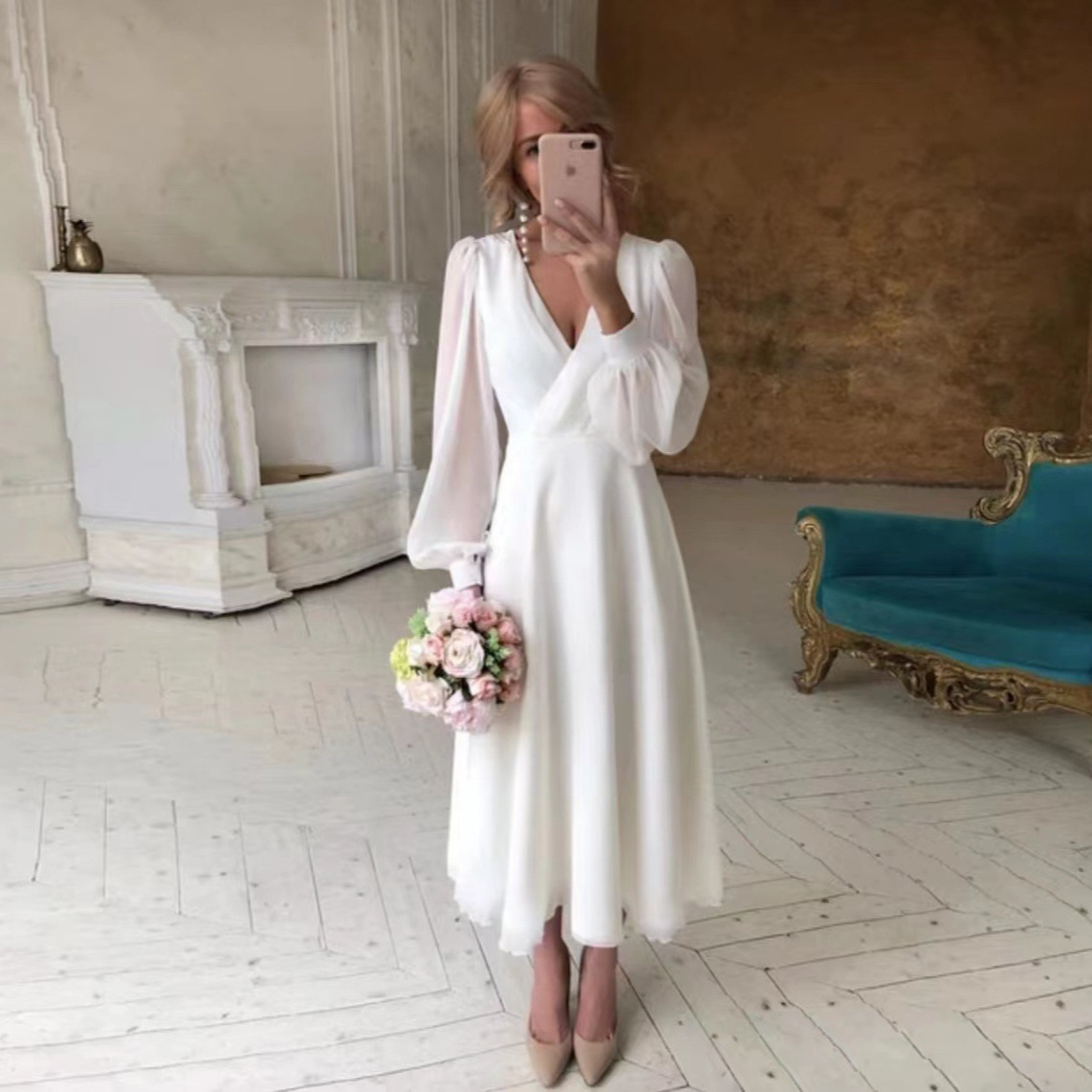 European and American travel photography light wedding autumn and winter new wedding long-sleeved super fairy simple white registration certificate evening dress