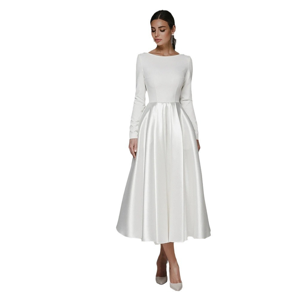 European and American temperament evening dress for women new banquet white simple long-sleeved travel photography forest dress