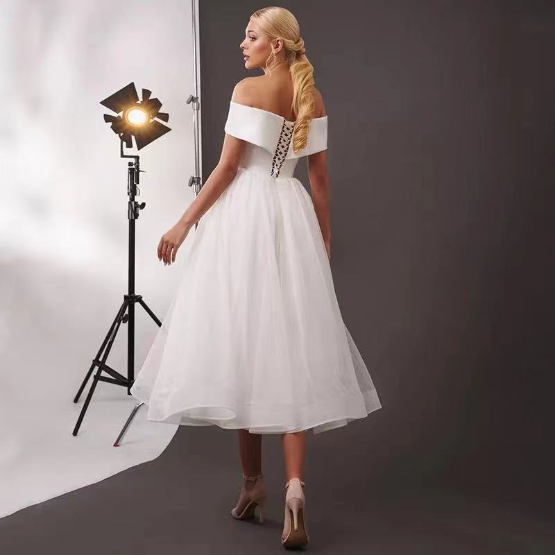Light wedding dress new style medium length one shoulder celebrity party European and American white certificate evening dress