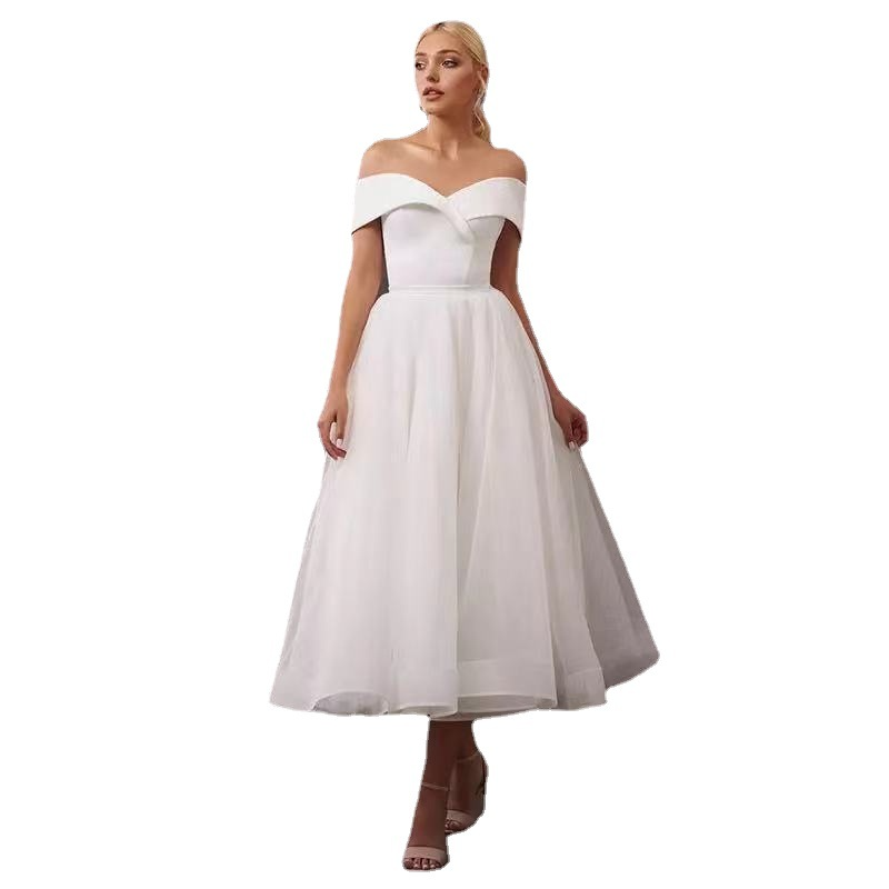 Light wedding dress new style medium length one shoulder celebrity party European and American white certificate evening dress
