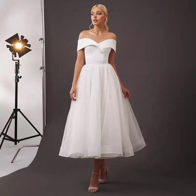 Light wedding dress new style medium length one shoulder celebrity party European and American white certificate evening dress