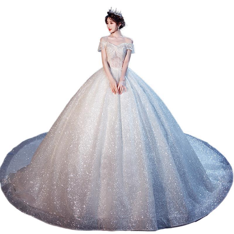 One-shoulder French main light wedding dress new style trailing starry sky petite bride super fairy temperament forest style dreamy