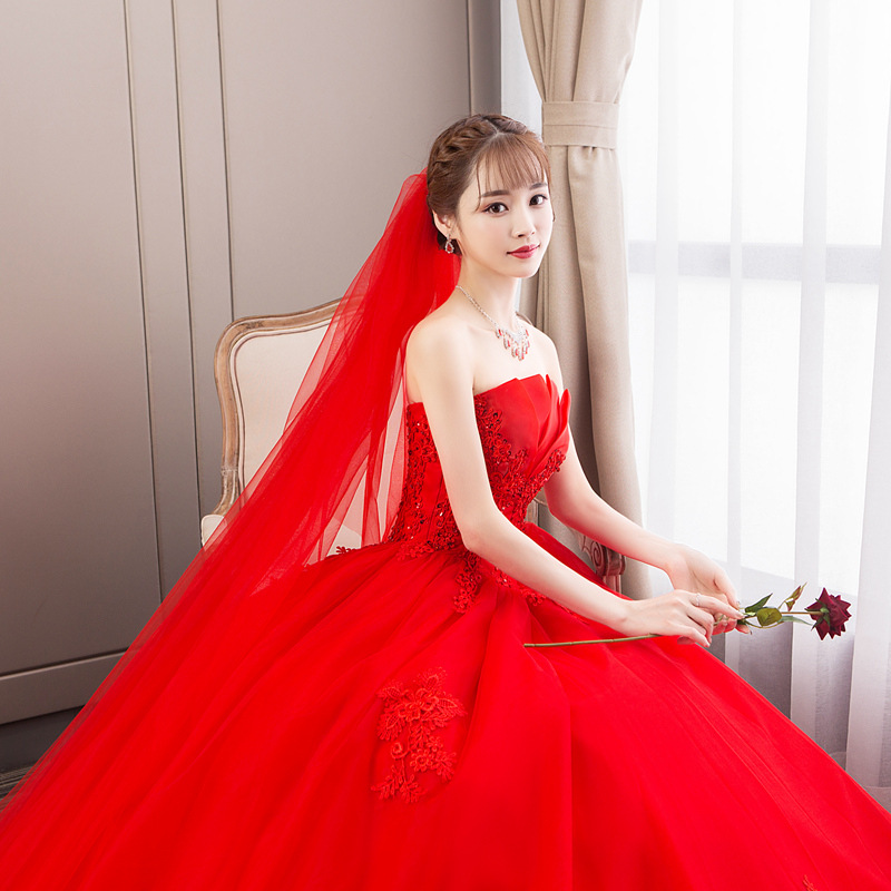 Wedding dress new style red wedding dress bride princess fantasy bud tube top autumn and winter high waist gauze skirt for women