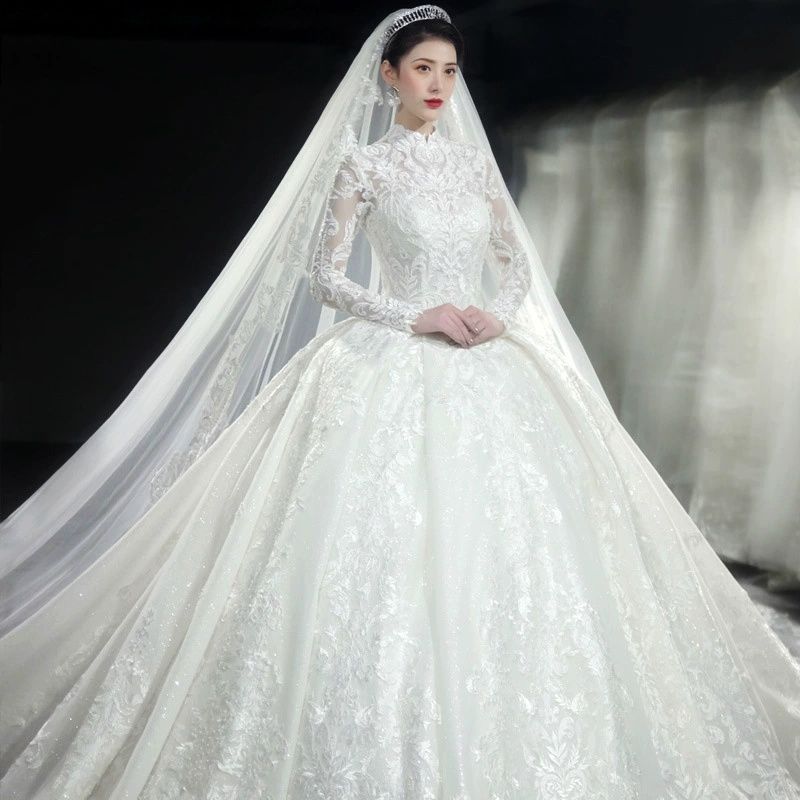 Long-sleeved French light main wedding dress new bride wedding temperament dream palace style starry sky tail wedding dress