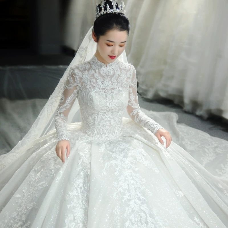 Long-sleeved French light main wedding dress new bride wedding temperament dream palace style starry sky tail wedding dress
