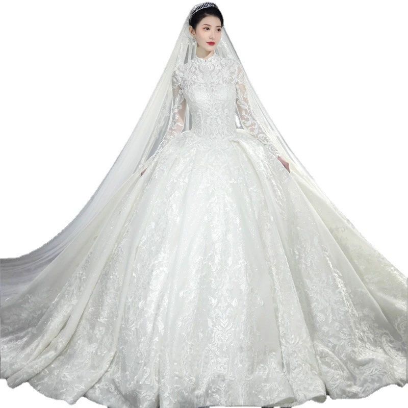 Long-sleeved French light main wedding dress new bride wedding temperament dream palace style starry sky tail wedding dress