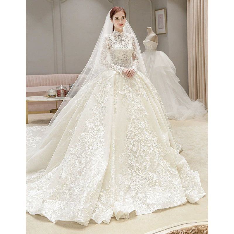 Long-sleeved French light main wedding dress new bride wedding temperament dream palace style starry sky tail wedding dress