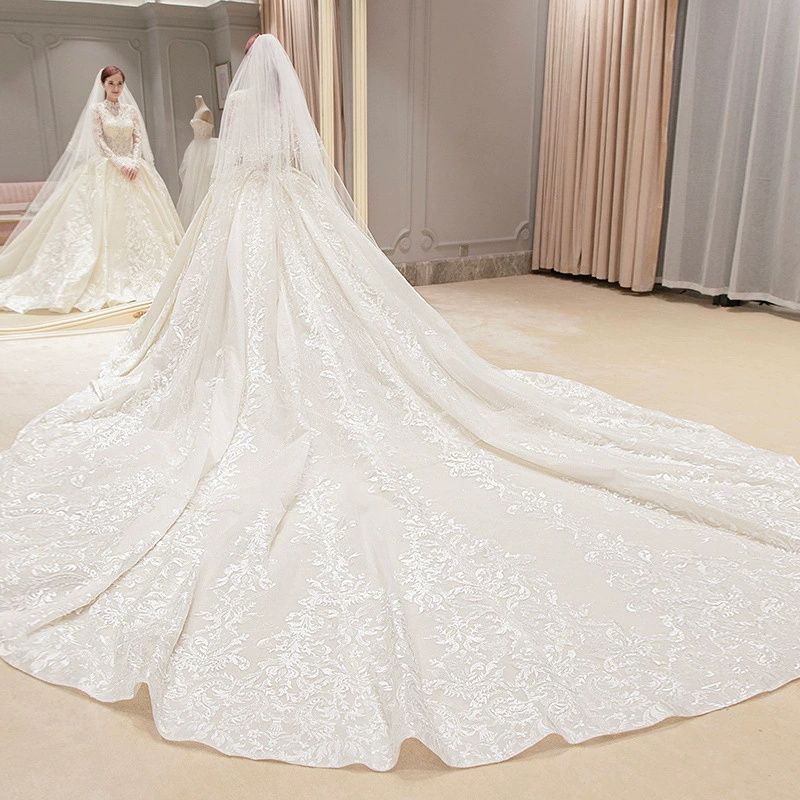 Long-sleeved French light main wedding dress new bride wedding temperament dream palace style starry sky tail wedding dress
