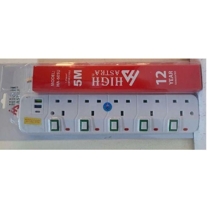 HIGH ASTRA HA-605U Heavy-Duty 5m Power Extension Cable – 5 AC Outlets with Individual Switches, Dual USB Ports & 1 Type-C Port – Surge Protection & 13A Capacity