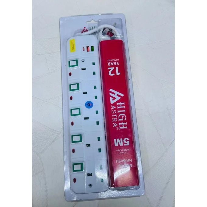 HIGH ASTRA HA-605U Heavy-Duty 5m Power Extension Cable – 5 AC Outlets with Individual Switches, Dual USB Ports & 1 Type-C Port – Surge Protection & 13A Capacity