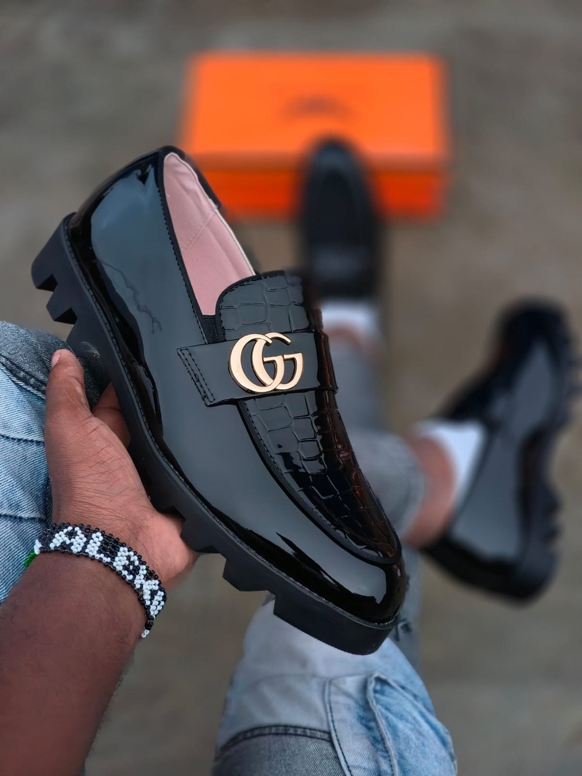 Men’s Designer Style Chunky Lug Sole Loafers - Black Patent Crocodile Texture with Gold GG Buckle
