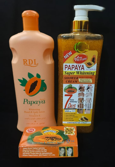 3in1 combo RDL Papaya Whitening Hand & Body Lotion 600ml Veet Gold Papaya Super Whitening Shower Cream 1000ml  Asantee Papaya & Honey Herbal Soap 125g