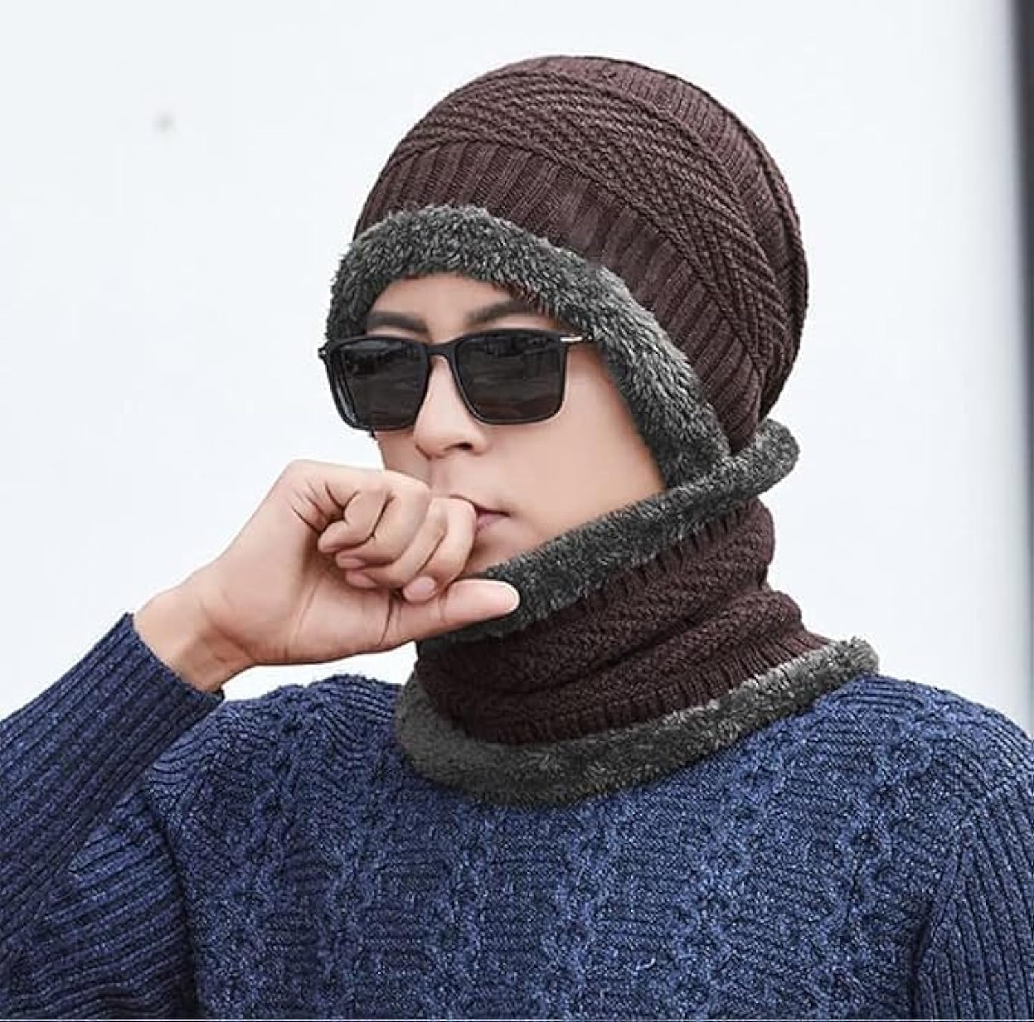Mens Womens Winter Beanie Hat Scarf Set Warm Knit Hat Thick Fleece Lined Winter Cap Neck Warmer for Men Women