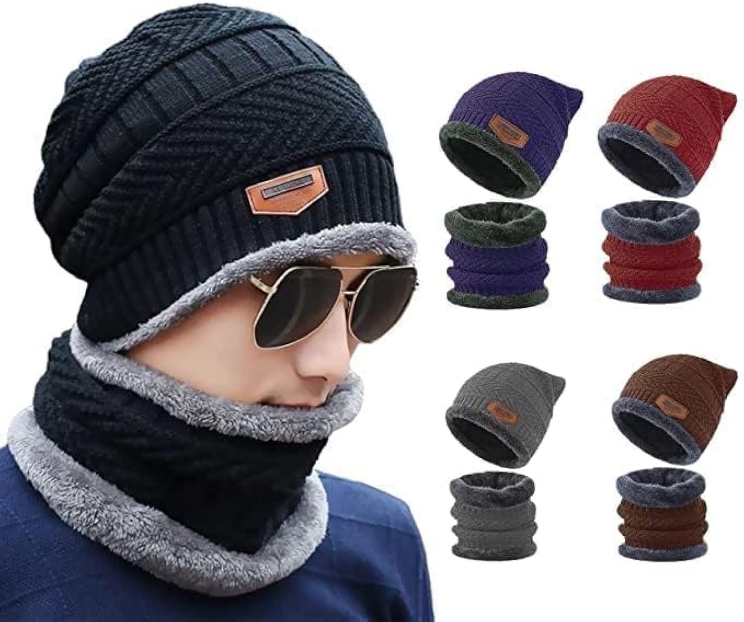 Mens Womens Winter Beanie Hat Scarf Set Warm Knit Hat Thick Fleece Lined Winter Cap Neck Warmer for Men Women