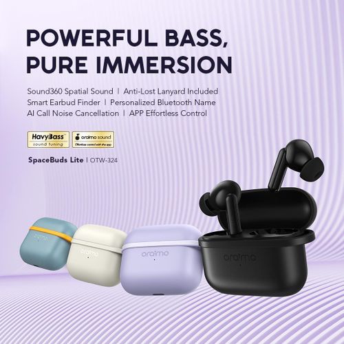 Oraimo SpaceBuds Lite OTW-324 True Wireless Earbuds Bluetooth 5.4, 40 Hours Playtime, Deep Bass Sound360 Audio, AI Call Noise Cancellation, IPX4 Waterproof TWS Earphones with Type-C Fast Charging for