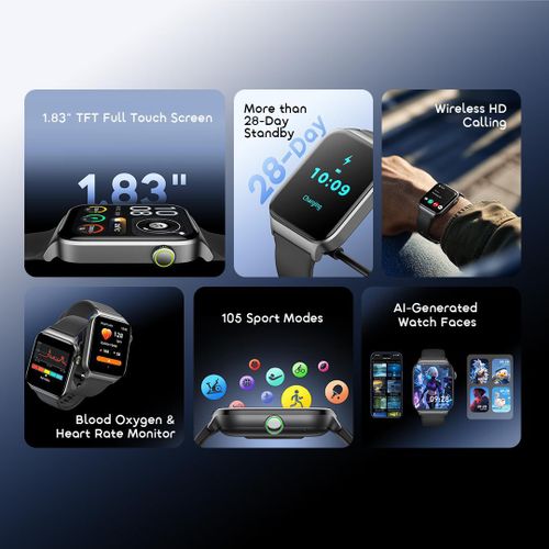 Oraimo Watch 6 Max Smartwatch 1.83" Full Touch Display Bluetooth Calling IP68 Waterproof 100+ Sports Modes Heart Rate & SpO2 Monitor Long Battery Life Smart Watch for Android & iOS – Black