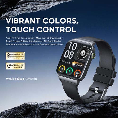 Oraimo Watch 6 Max Smartwatch 1.83" Full Touch Display Bluetooth Calling IP68 Waterproof 100+ Sports Modes Heart Rate & SpO2 Monitor Long Battery Life Smart Watch for Android & iOS – Black