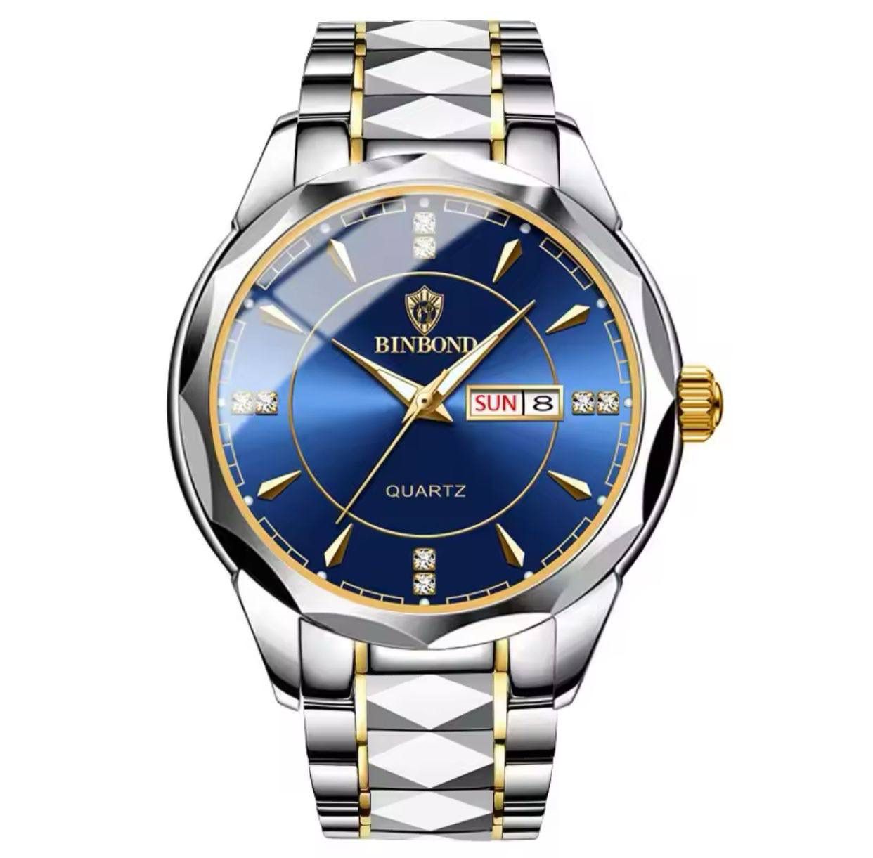 BINBOND Luxury Men's Analog Quartz Watch - Luminous Waterproof Business Wristwatch with Day-Date Display & Stainless Steel Strap