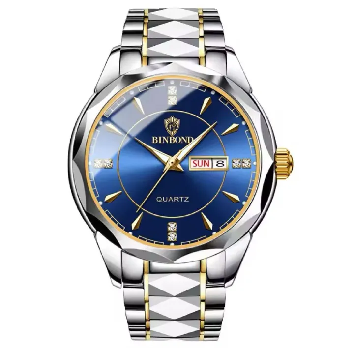 BINBOND Luxury Men's Analog Quartz Watch - Luminous Waterproof Business Wristwatch with Day-Date Display & Stainless Steel Strap