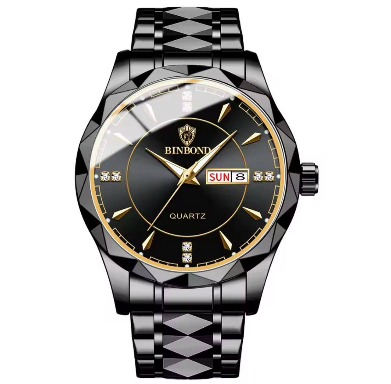 BINBOND Luxury Men's Analog Quartz Watch - Luminous Waterproof Business Wristwatch with Day-Date Display & Stainless Steel Strap
