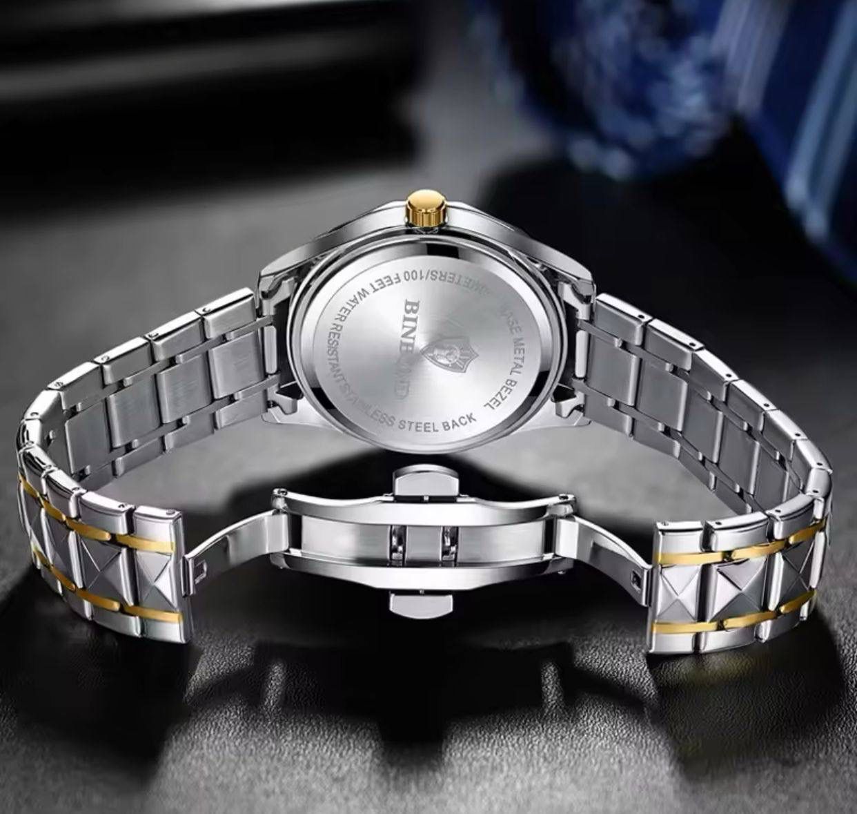BINBOND Luxury Men's Analog Quartz Watch - Luminous Waterproof Business Wristwatch with Day-Date Display & Stainless Steel Strap