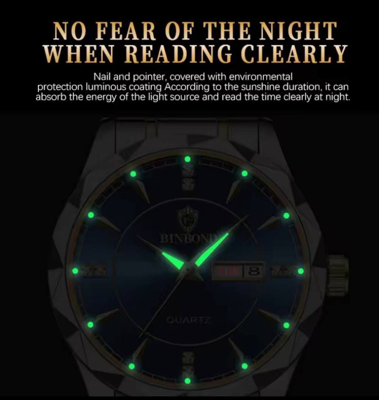 BINBOND Luxury Men's Analog Quartz Watch - Luminous Waterproof Business Wristwatch with Day-Date Display & Stainless Steel Strap