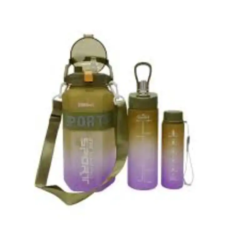 3-in-1 Motivational Gradient Water Bottle Set - 2000ml, 900ml, 300ml - Leakproof BPA-Free Fitness Sport Bottles with Time Markers & Straw