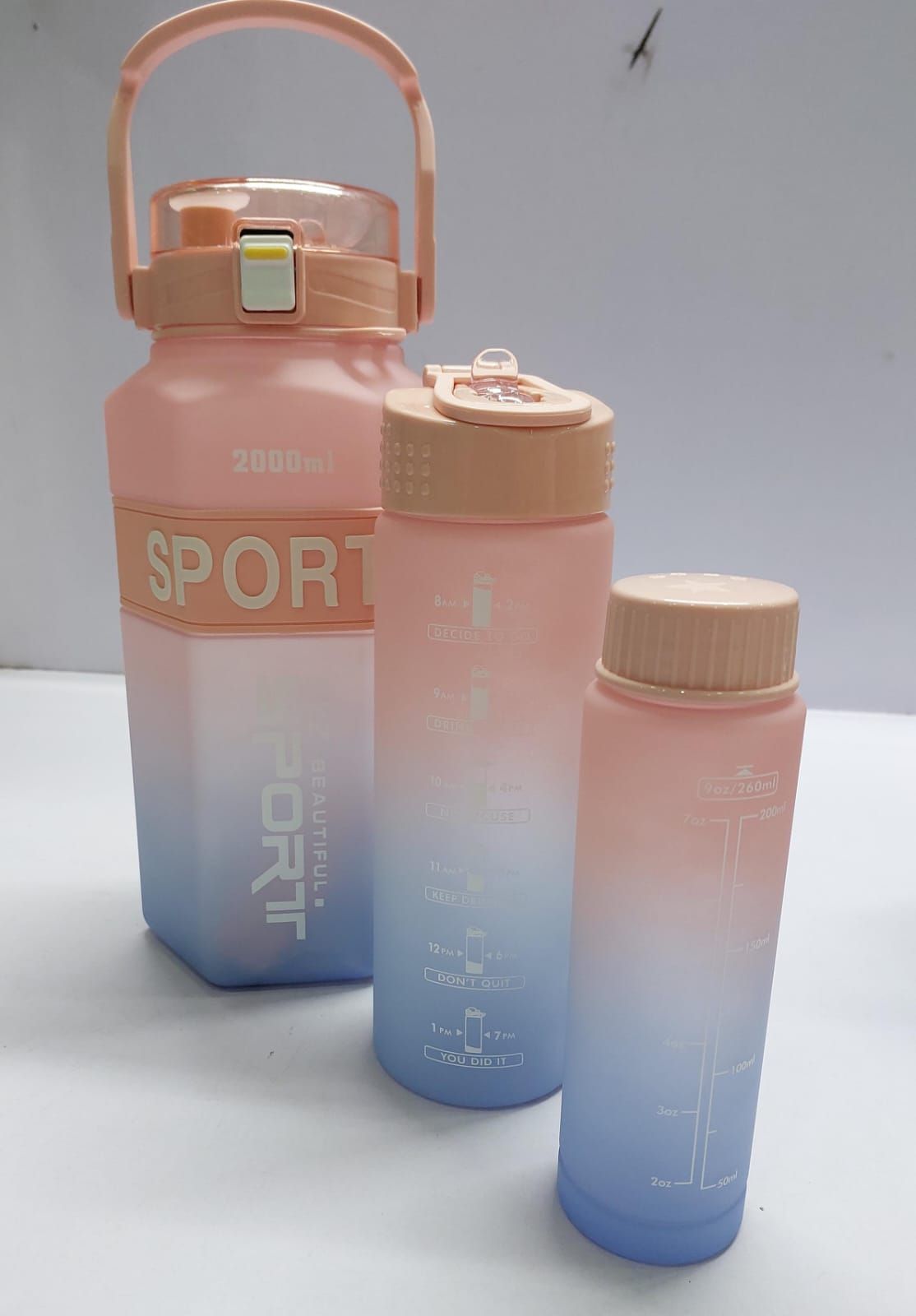 3-in-1 Motivational Gradient Water Bottle Set - 2000ml, 900ml, 300ml - Leakproof BPA-Free Fitness Sport Bottles with Time Markers & Straw