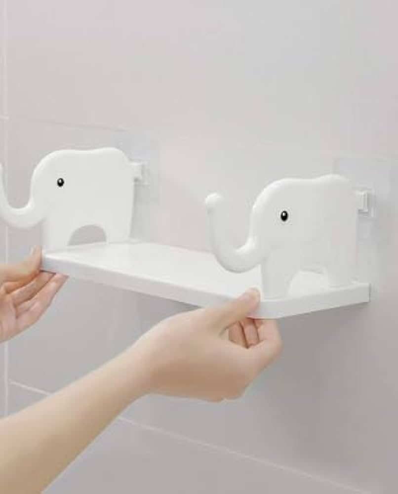 Pack of 2 Cute Elephant Wall-Mounted Floating Shelves - No-Drill Self-Adhesive Storage Rack with Integrated Hooks - Multipurpose Organizer for Kitchen, Bathroom, Bedroom & Office