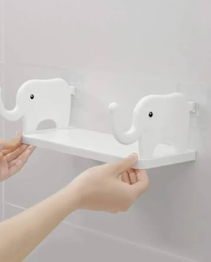 Pack of 2 Cute Elephant Wall-Mounted Floating Shelves - No-Drill Self-Adhesive Storage Rack with Integrated Hooks - Multipurpose Organizer for Kitchen, Bathroom, Bedroom & Office