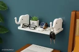Pack of 2 Cute Elephant Wall-Mounted Floating Shelves - No-Drill Self-Adhesive Storage Rack with Integrated Hooks - Multipurpose Organizer for Kitchen, Bathroom, Bedroom & Office