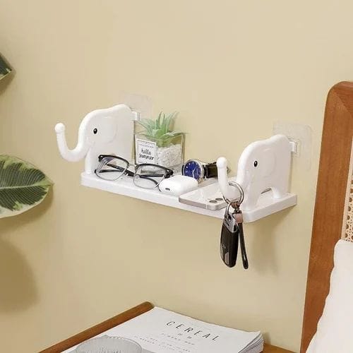 Pack of 2 Cute Elephant Wall-Mounted Floating Shelves - No-Drill Self-Adhesive Storage Rack with Integrated Hooks - Multipurpose Organizer for Kitchen, Bathroom, Bedroom & Office