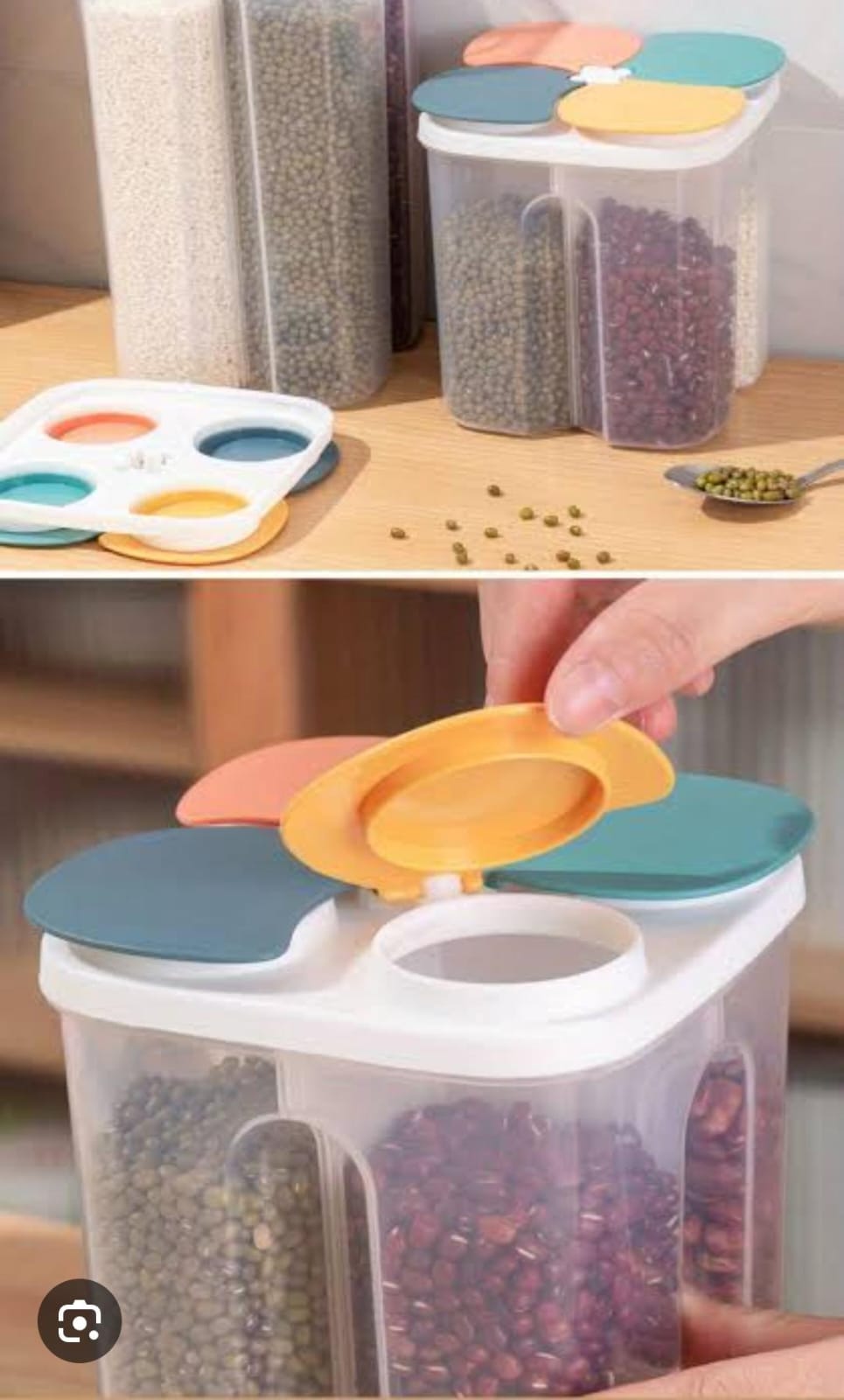 4 partition cereal container, in capacity 2ltrs, hold many cereal at once hence saving more space.  fridge friendly, easy to clean, can be deassembled