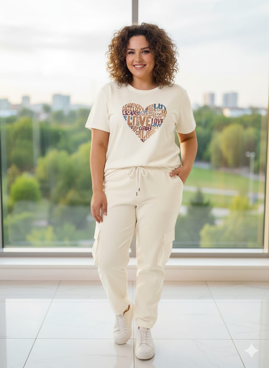 women's casual two piece set-heart printT-shirt and cargo jogger pants