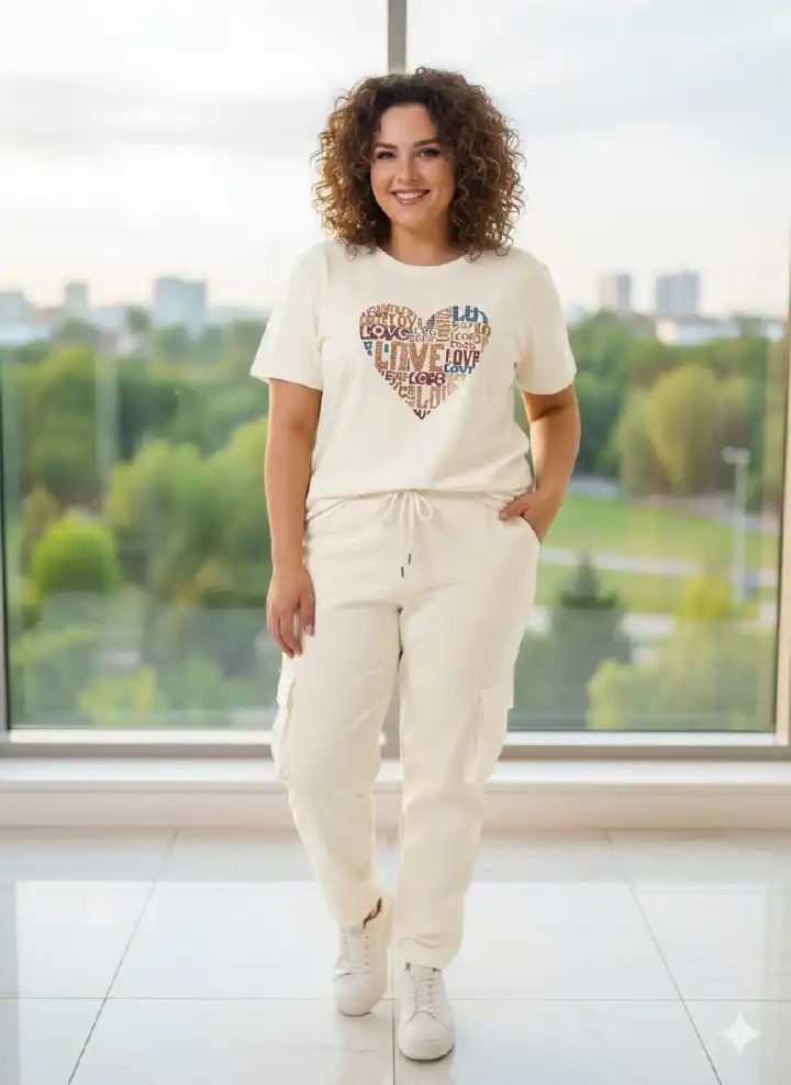 women's casual two piece set-heart printT-shirt and cargo jogger pants