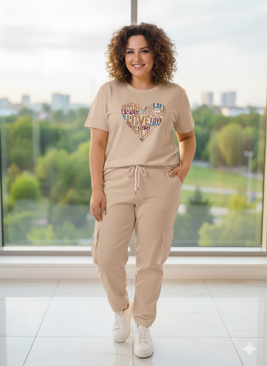 women's casual two piece set-heart printT-shirt and cargo jogger pants