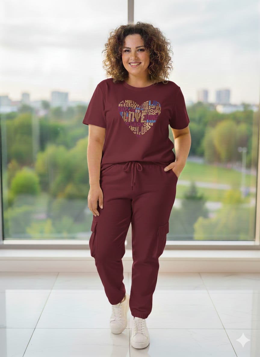 women's casual two piece set-heart printT-shirt and cargo jogger pants