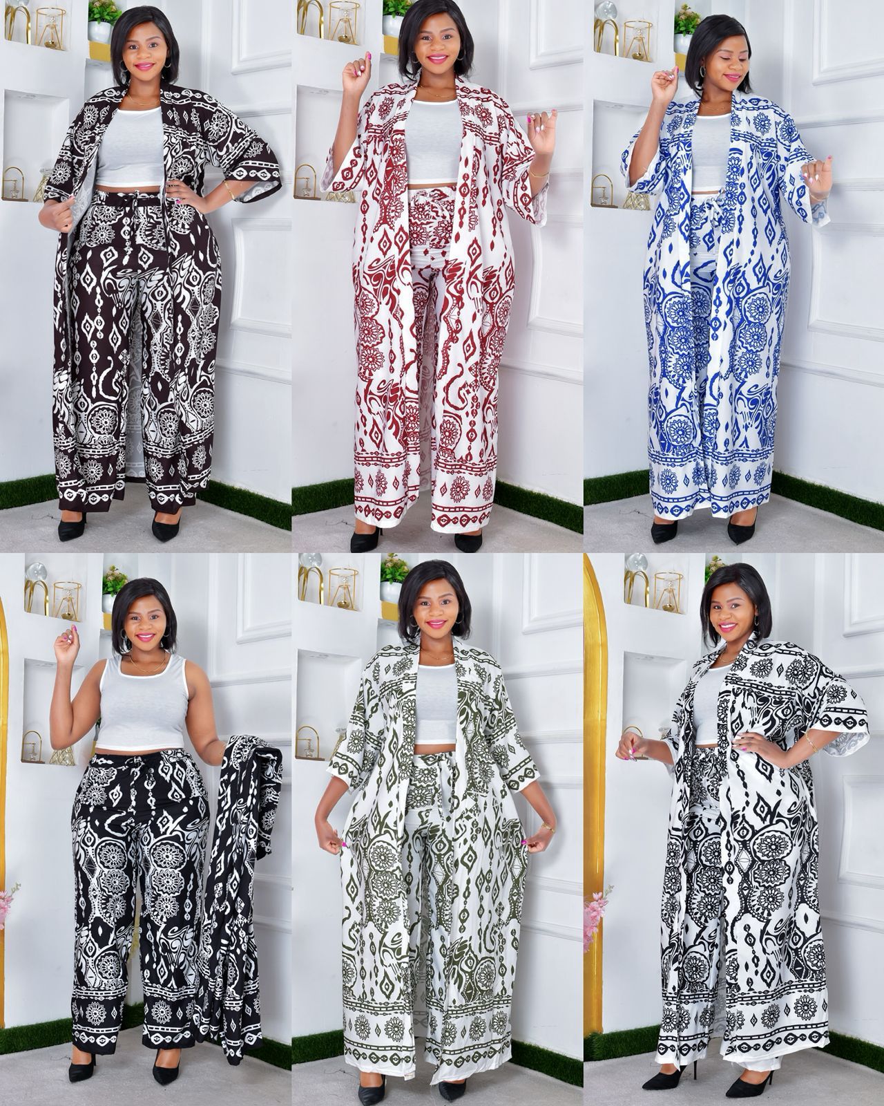 Women's 3 piece Boho print palazzo set with kimono