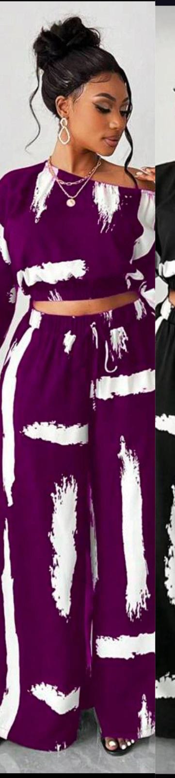 Trendy two piece outfits for ladies
off-shoulder crop top and wide-leg pants with an abstract print