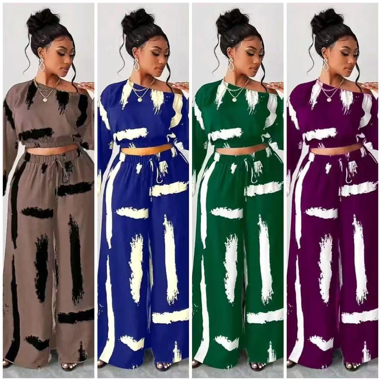 Trendy two piece outfits for ladies
off-shoulder crop top and wide-leg pants with an abstract print