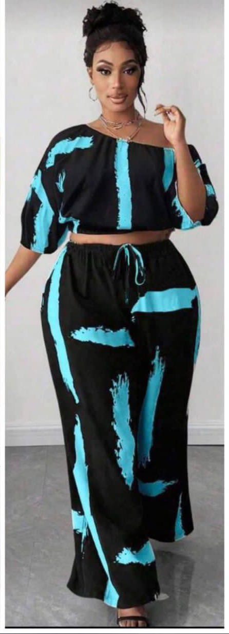 Trendy two piece outfits for ladies
off-shoulder crop top and wide-leg pants with an abstract print