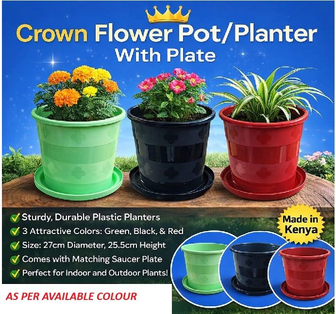 CROWN FLOWER Planter Pot – Plastic Garden Plant Pot with Base, Decorative Indoor Outdoor Flower Pot for Home Garden Balcony Office Planting Pot (Black, Red or Green)