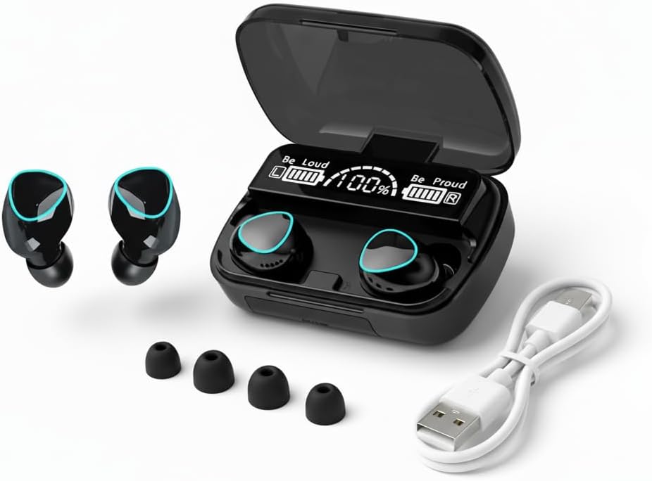 M10 TWS Wireless Earbuds, Bluetooth Earphone with Charging Box, Touch Control, LED Sports Stereo Earbuds, Built-in Mic, Immersive HD Sound, Compatible with iPhone, Samsung, Android, Black